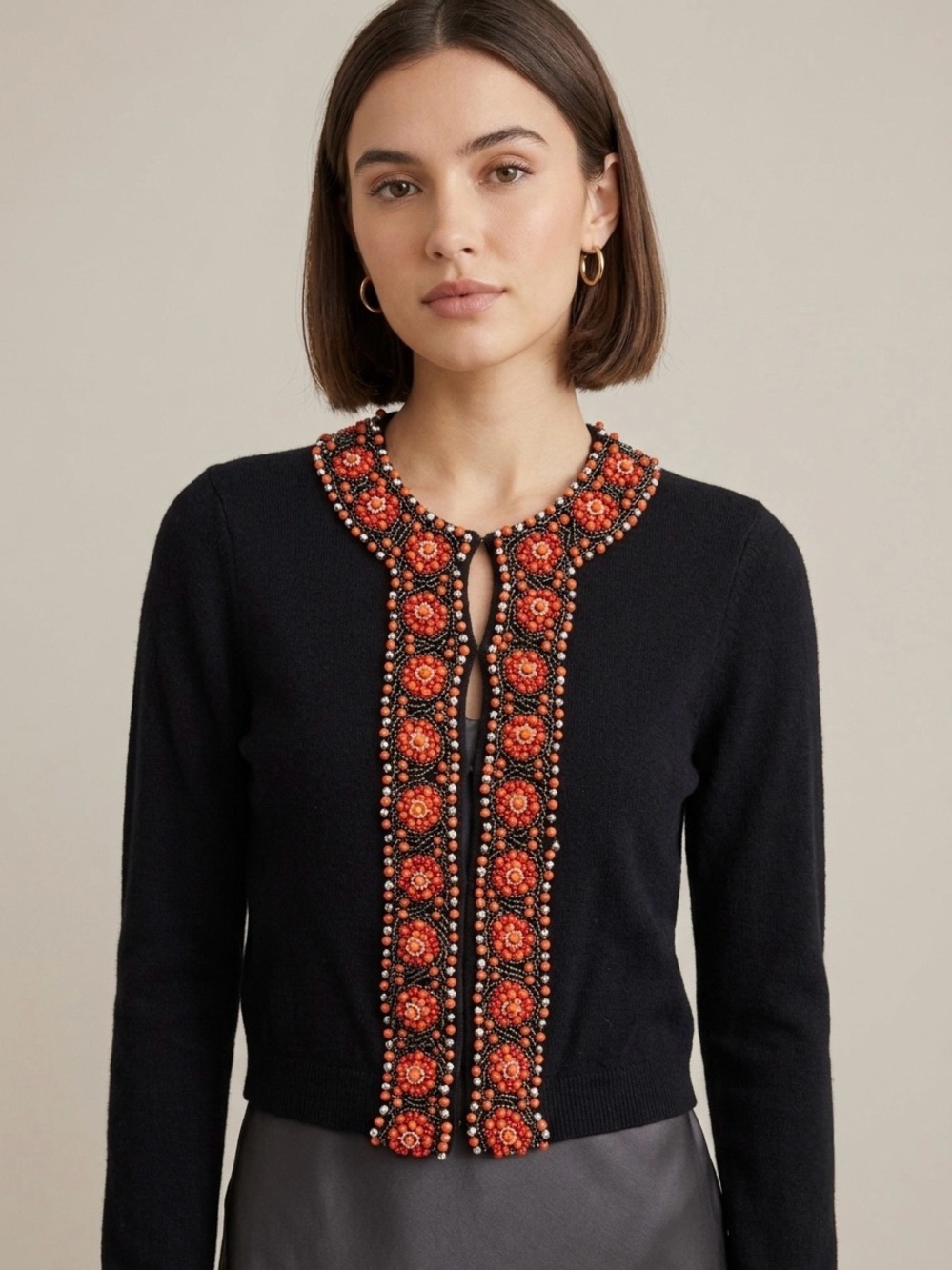 Y2K Lucky Brand Beaded Wool Cashmere Blend Cardigan Sweater Black Orange Small